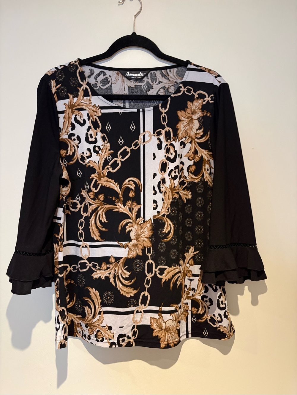 Amanda Black & Gold Chain-Print Ruffle Sleeve Blouse